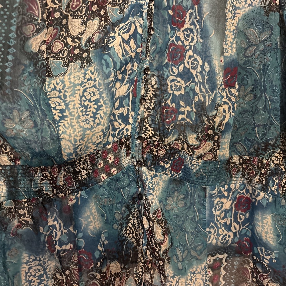 Watercolor Semi Sheer Button Blouse Boho Coastal Lagenlook Beachy Spring 2XL - Picture 2 of 5